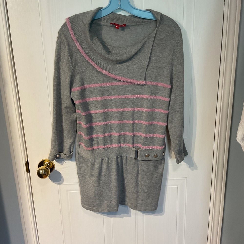San Francisco Tunic Sweater Womens M Grey Excellent Pink Striped Cowl Neck Tunic